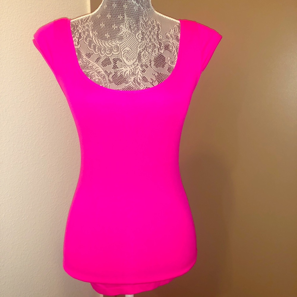 BCBGMaxAzria Neon Hot Pink Scoop Neck Cap Sleeve Top